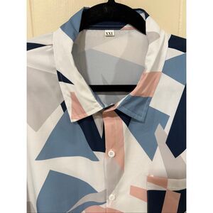 Mens Casual Button Down Shirt, Size XXL, Geometric Print, Short Sleeves
